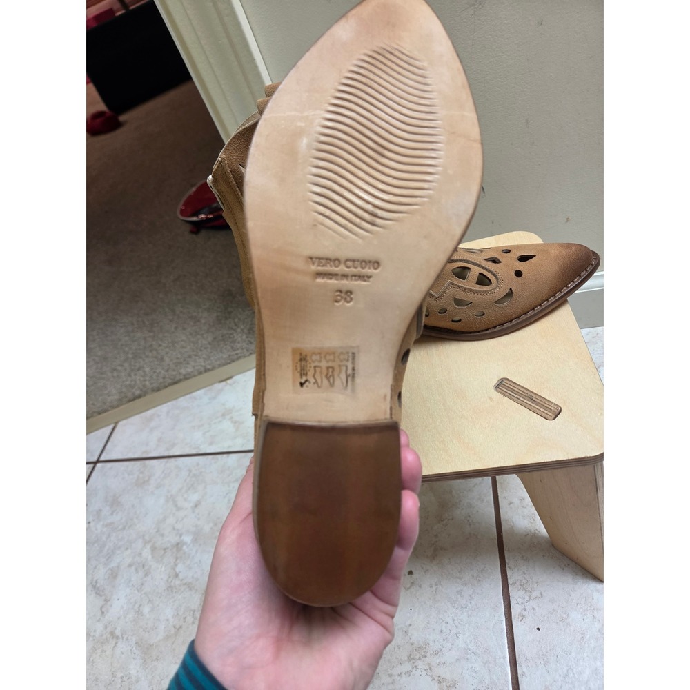 Mimmu Italy Suede Laser Cut Out Western Ankle Boots Tan Leather Size 38 - Picture 4 of 6